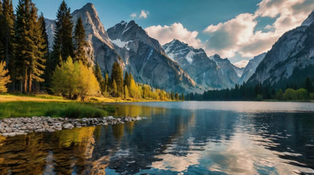 panoramic view of alpine lake with reflection of mountains in water