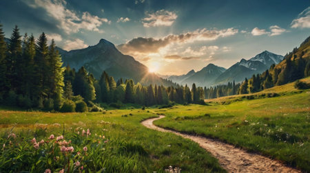 Panoramic view of alpine meadow at sunset. Beauty world.