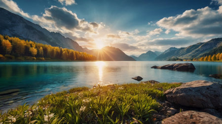 panoramic view of alpine lake at sunset, Switzerland.