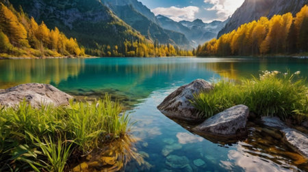 Panoramic view of alpine lake in autumn, Bavaria, Germanyの写真素材
