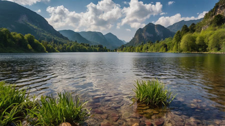 Mountain lake in the mountains. Beautiful summer landscape with mountain lake.