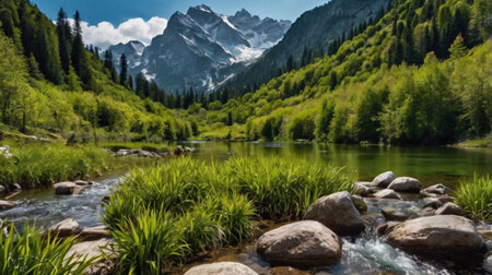 Mountain lake in the mountains. Beautiful landscape with a mountain lake