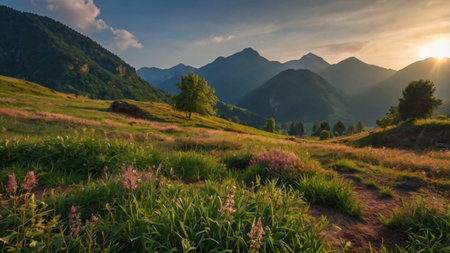 Beautiful sunset in the mountains. Summer landscape with meadow and flowers