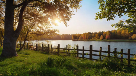 Autumn landscape with lake and wooden fence. Beautiful nature background.の写真素材