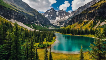 Panoramic view of turquoise lake in the mountains.