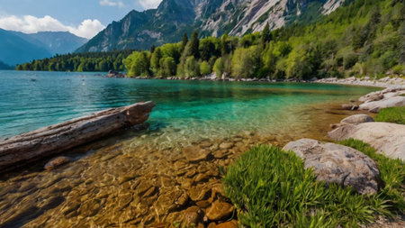 Beautiful alpine lake with clear azure water and mountains in background