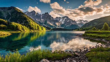 Panoramic view of a mountain lake in the Alps at sunset