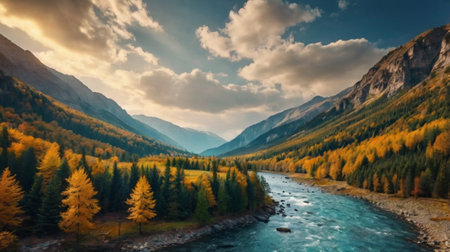 Panoramic view of the mountain river. Beautiful autumn landscape.
