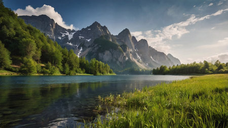 Panoramic view of alpine lake in Dolomites, Italy