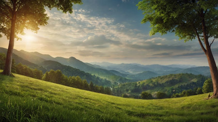 Sunset in the mountains. Beautiful landscape with green meadow and blue sky