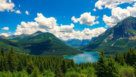 Mountain lake in the summer. Panoramic view of the lake.