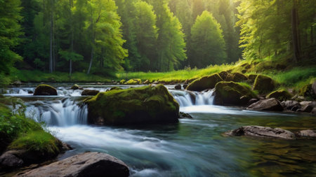 Mountain stream in the forest at sunset. Beautiful summer landscape.