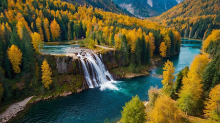 Aerial view of beautiful alpine waterfall in autumn forest.