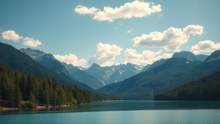 Mountain lake in the Canadian Rockies in summer season. Filtered image processed vintage effect.