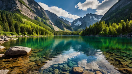 Beautiful alpine lake with crystal clear water and reflection of mountains