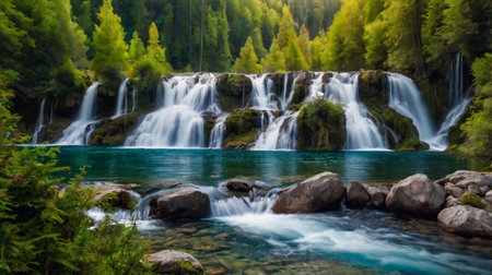 Beautiful waterfall in the forest. Beautiful summer landscape with a waterfall.