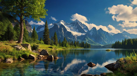 Beautiful alpine lake in the mountains. Picturesque panoramic view
