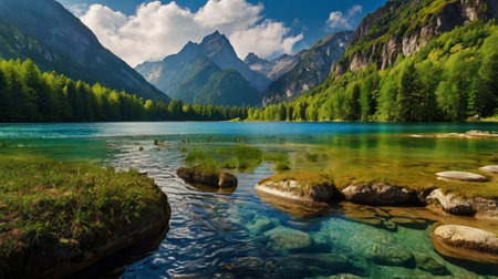 Beautiful mountain lake with crystal clear water. Summer landscape in the mountains.