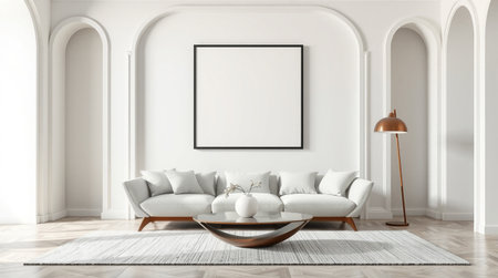 Living room interior with white sofa, coffee table and blank poster. Mock up, 3D Rendering
