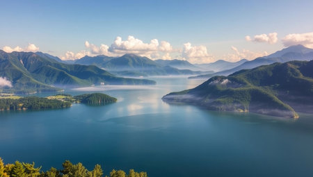 Panoramic view of the lake and mountains in the morning.