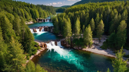 Aerial view of the beautiful turquoise and turquoise water of the Plitvice Lakes National Park in...