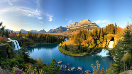 Fantastic panoramic view of the alpine lake in autumn.