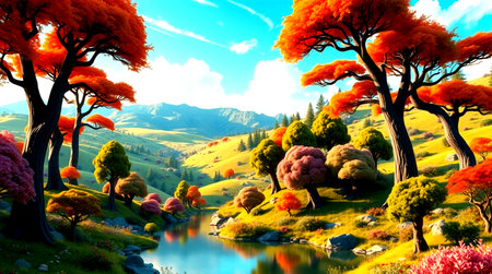 Autumn landscape with beautiful colorful trees and lake. 3d renderの写真素材