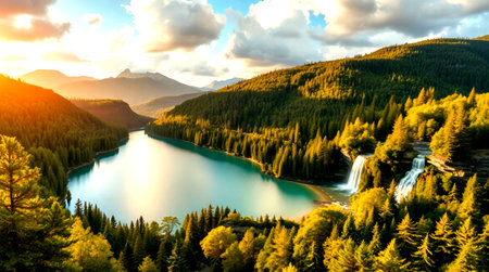 Beautiful alpine landscape with lake and waterfall at sunset in summer