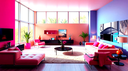 Interior of modern living room with pink sofa and pink armchair