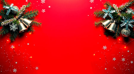 Christmas background with fir branches, snowflakes and bells on red background