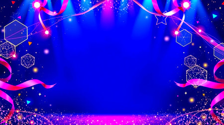 Stage background with lights, spotlights and confetti. Vector illustration.
