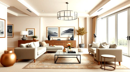 modern living room interior design with sofa 3d render image.There are sofas and coffee table