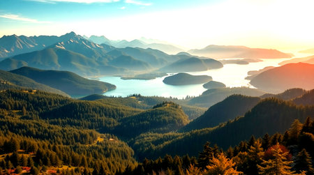 Beautiful autumn landscape with lake and mountains. View from above.