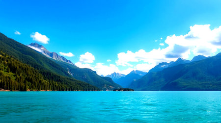 Mountain lake with clear turquoise water and blue sky with clouds