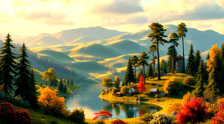 Beautiful autumn landscape with lake and mountains. Composition of nature.