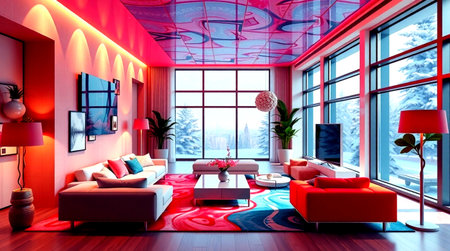 Interior of the living room with a large window overlooking the winter landscape. 3D renderingの写真素材