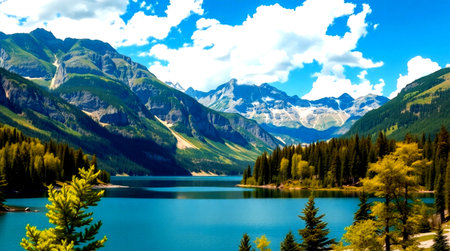 Beautiful mountain lake with clear blue water and high mountains in the background
