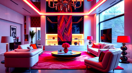 Interior of a modern living room with red sofa and armchairsの写真素材