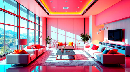 Interior of a modern living room with red sofa and coffee table
