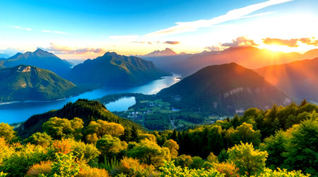 Sunset over lake. Panoramic view.の写真素材
