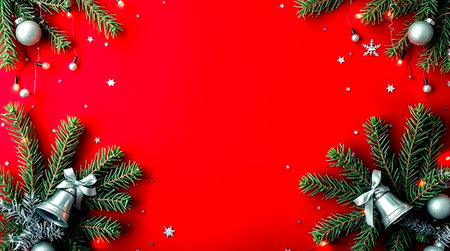 Christmas background with fir tree branches and decorations on red background. Flat lay, top view.