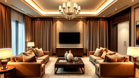 3D rendering of a luxury hotel lobby and living room with tv