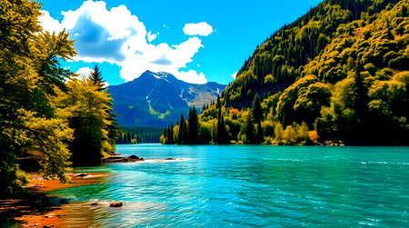 Mountain lake with clear water and forest in the background, New Zealand