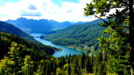 Mountain landscape with blue lake and coniferous forest on foreground