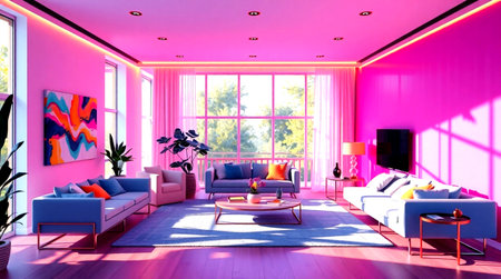 3d render interior of living room with pink wall and purple sofa