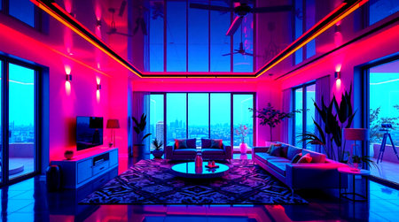 3D rendering of a modern living room with a view of the city