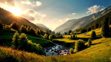 Mountain landscape with a small river in the valley at sunset.