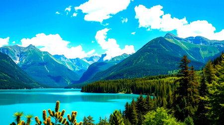 Mountain lake with clear turquoise water and mountains in the backgroundの写真素材