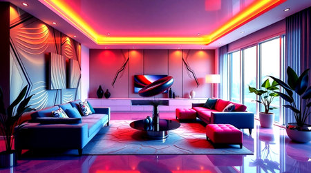 Interior of a modern living room with red and blue armchairs