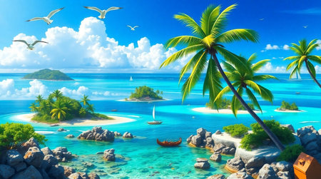 Tropical island with palm trees and boats. 3d renderの写真素材